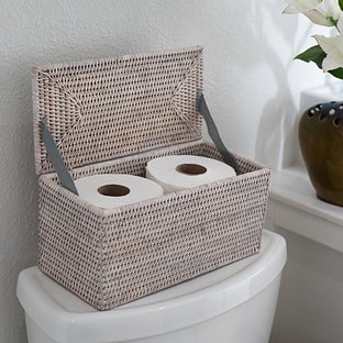 Artifacts Rattan Rectangular Double Toilet Roll Holder with Hinged Lid - Whitewash